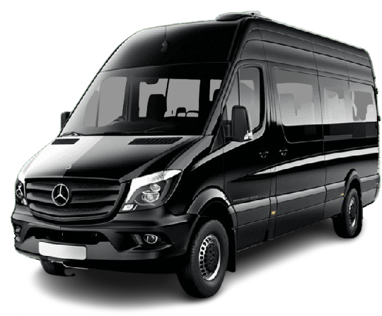 Mercedes Sprinter minibus with seating for up to 16 passengers, ideal for group bookings, private hire, and event transport.